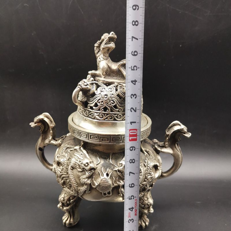 Antique Bronze White Copper Two Dragons Playing with Beads Large Incense Burner