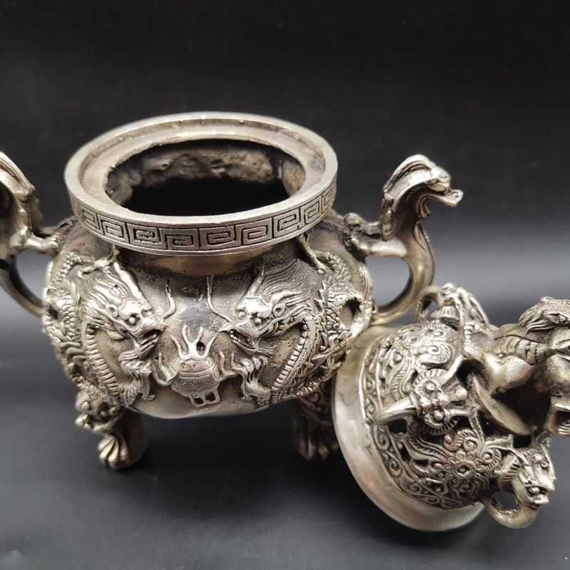 Antique Bronze White Copper Two Dragons Playing with Beads Large Incense Burner