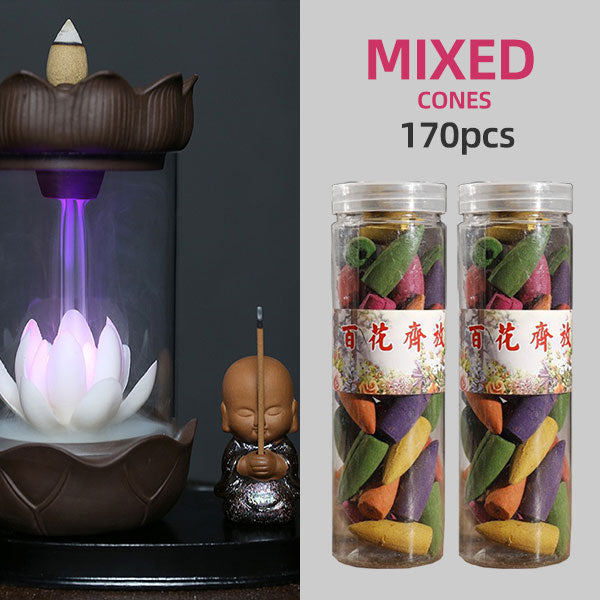 LED light little monk White Porcelain FlowerWaterfall Incense Burner With windproof