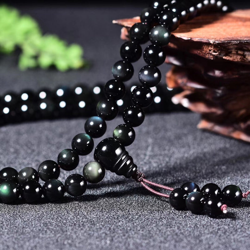108 Natural Obsidian Buddha Beads Colored Obsidian Rosary Bracelet