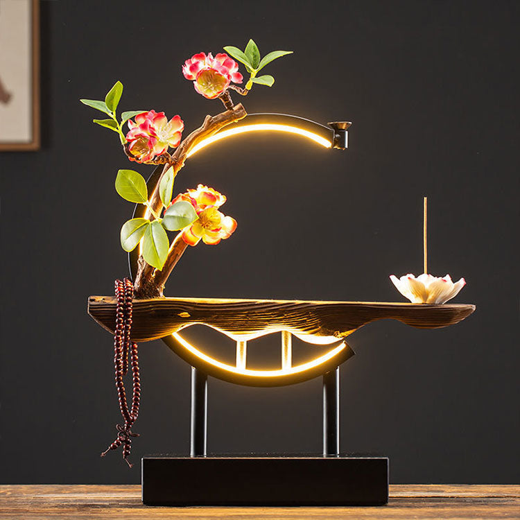 Incense Holders Chinese Style Backflow Incense Burner LED Light Ring Lotus  Incense Insert Resin Rockery Ornaments Perfect Home Decor 110-220V