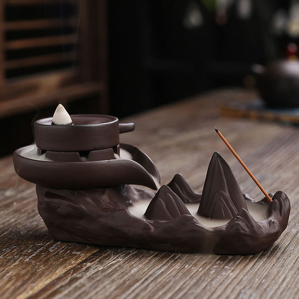 Stone Mill Waterfall  Incense Burner With Mountain River