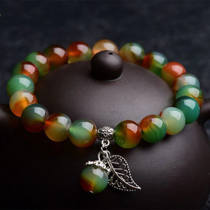 Colorful Onyx Bracelet Leaf Pattern Agate Bead Bracelet