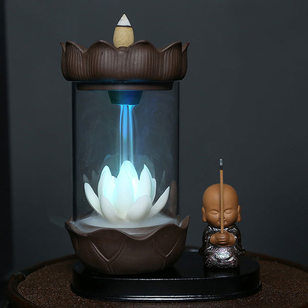 LED light little monk White Porcelain FlowerWaterfall Incense Burner With windproof
